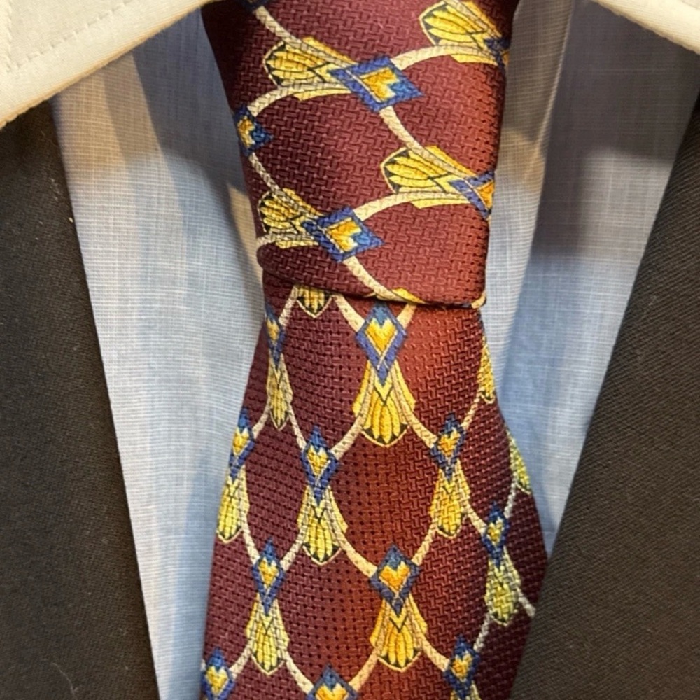 Dior Burgundy Silk Tie with Gold and Blue Geometric Motif